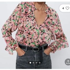 Zara pink floral v neck long sleeve ruffle top size medium
